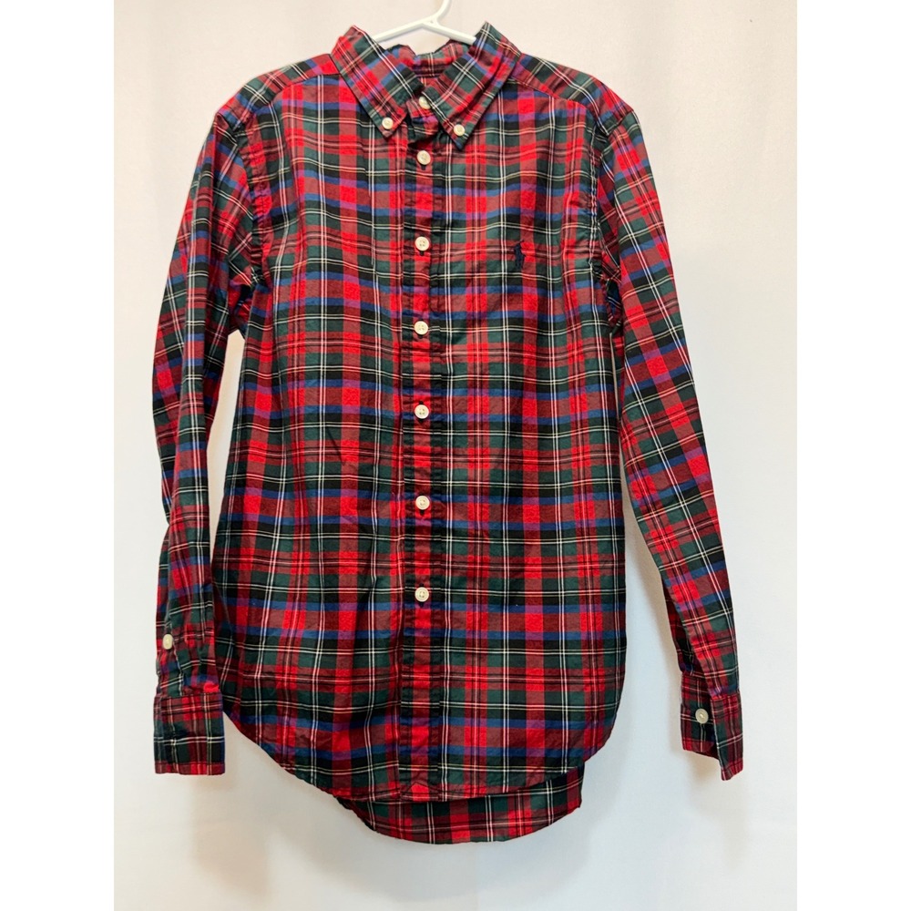 Ralph Lauren Button Down Shirt Boys Medium 10-12 Red Plaid Long Sleeve Pony Logo